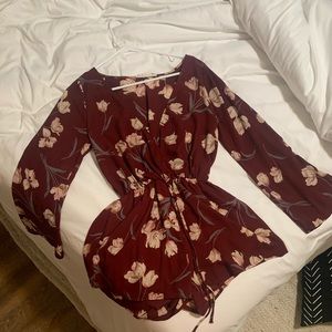 Burgundy floral romper with flare sleeves